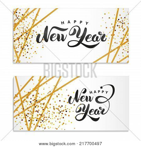 Happy New Year gold glitter. Gold sparkles Print logotype, 2018 party, congratulation, greeting card, Golden decorations for happy new year, Merry Christmas. Happy New Year event