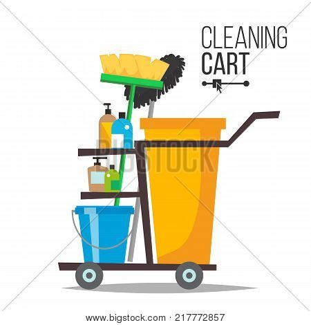 Cleaning Cart Vector. Classic Trolley Cleaning Service Cart. Broom, Bucket, Detergents, Cleaning Tools, Supplies. Yellow Plastic Janitor Cart With Shelves Illustration