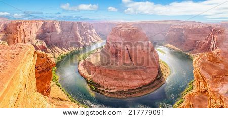 Horseshoe Bend of Colorado River near Page town in Arizona, United States. Downstream from the Glen Canyon Dam and Lake Powell within Glen Canyon National recreation area, Grand Canyon at Lake Powell.