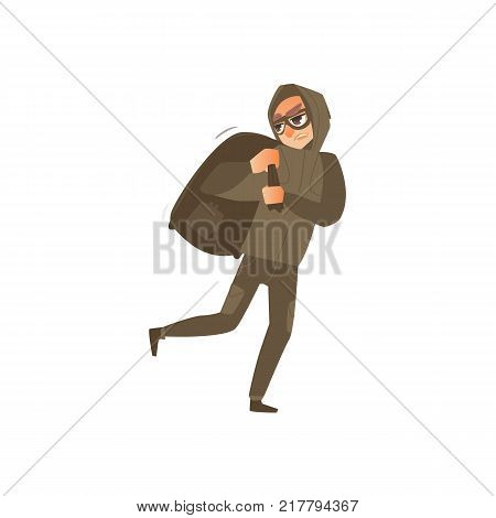 Thief in mask, robber, burglar running away with a large bag of booty, flat comic vector illustration isolated on white background. Thief, burglar in mask and black suit runs with a bag of loot