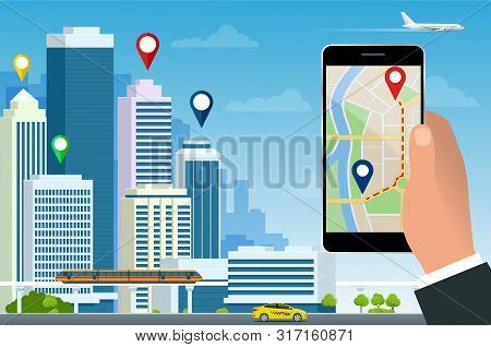 Flat Gps Navigation In The Phone With A Red And Blue Pointers. Gps Tracking Map. Track Navigation Pi