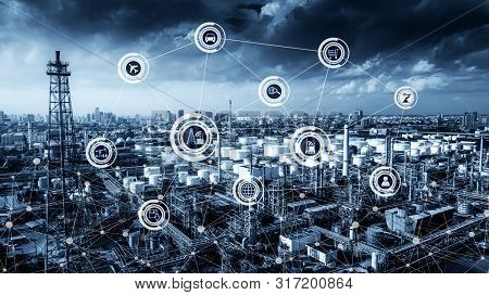 Industrial Instruments In The Factory With Cyber And Physical System Icons, Oil And Gas Refinery Ind