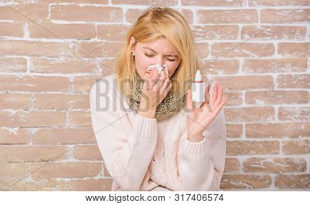 Allergy Concept. Home Treatment. Nasal Drops Plastic Bottle. Effective Nasal Spray. Runny Nose And O