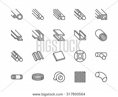 Stainless Steel Flat Line Icons Set. Metal Sheet, Coil, Strip, Pipe, Armature Vector Illustrations. 