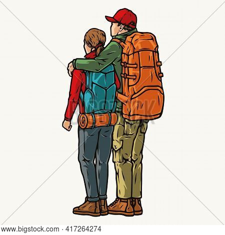 Colorful Vintage Concept Of Hikers Couple Standing With Their Backs And Looking Into Distance Isolat