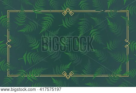 Frame And Border Rectangle Golden Lines With Floral Fern Patterns Backgrounds, Frame With Leaves, Ba