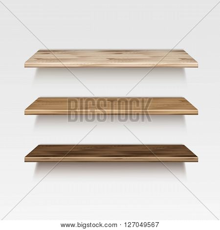 Empty Wooden Wood Shelf Shelves Isolated on Wall Background