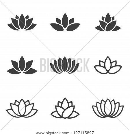 Vector black lotus icons set on white background. Lotus plant. Lotus flower