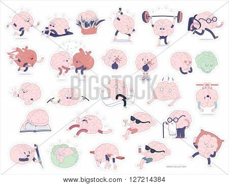 Brain stickers printable set, cartoon vector isolated images with cutting path, a part of Brain collection