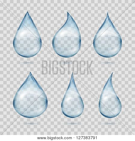 Falling transparent water drops. Water dew drops or rain drops on plaid background vector set