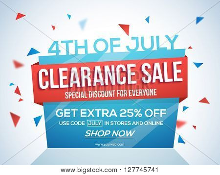 4th of July Sale Tag, Clearance Sale Paper Banner, Sale Flyer, Special Discount Offer, 25% Off. Vector illustration for American Independence Day celebration.