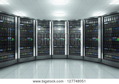 Modern network and telecommunication technology computer concept: 3D render illustration of the server room in datacenter