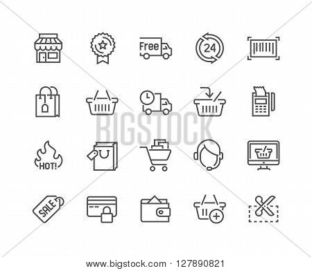 Simple Set of Shopping Related Vector Line Icons. Contains such Icons as Shop, Delivery, Shopping bag, Sale, Wallet, Online Support and more. Editable Stroke. 48x48 Pixel Perfect.