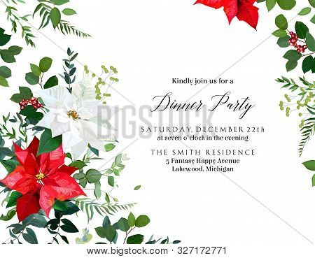 Red Poinsettia Flowers, Christmas Greenery, Emerald Eucalyptus, Seasonal Plants Vector Design Frame.