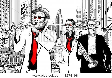 Illustration d'un groupe de jazz dans une rue de new York