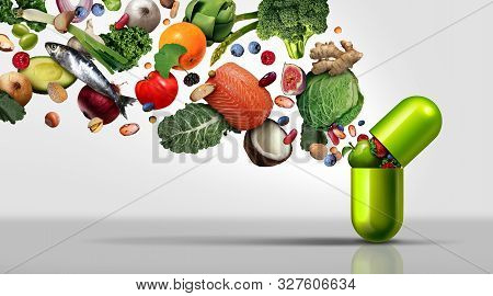 Nutritional Supplement And Vitamin Supplements As A Capsule With Fruit Vegetables Nuts And Beans Ins