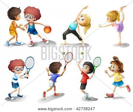 Illustration of kids exercising and playing different sports on a white background