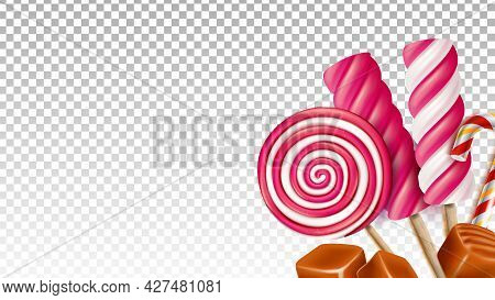 Toffee Caramel And Lollipop Sweet Candies Vector. Delicious Sugary Candies Dessert, Sweetness Nutrit