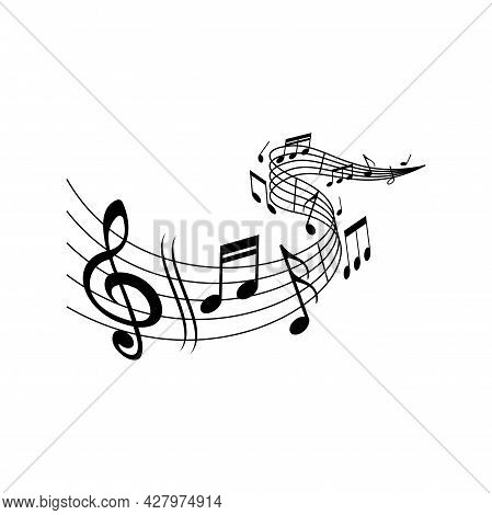 Music Melody Wave On Notes Staff With Clef Treble, Vector. Classic Music Concert, Orchestra, Symphon