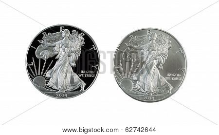 Proof And Uncirculated American Silver Eagle Dollar Coins Isolated On White