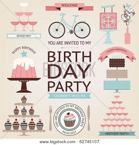 Vector Set Of Celebration Or Holiday Icons In Vintage Colors.