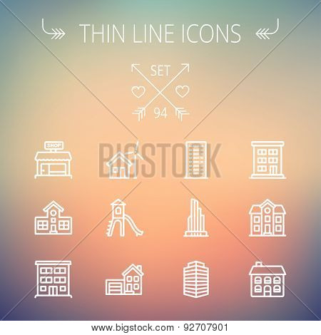 Construction thin line icon set for web and mobile. Set includes -house, playhouse, house with garage, buildings, shop store. Modern minimalistic flat design. Vector white icon on gradient  mesh