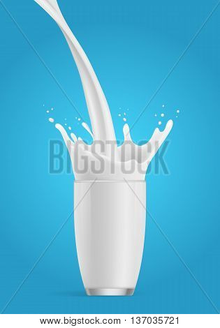 Milk splash in a glass. Milk poured into glass. Glass of milk on a blue background. Vector splash. Milk cocktail dessert. Delicious drink. Glass of milkshake. Milk drink. Milkshake. Vector milk splash. Milk glass icon. Dairy food. Real milk.