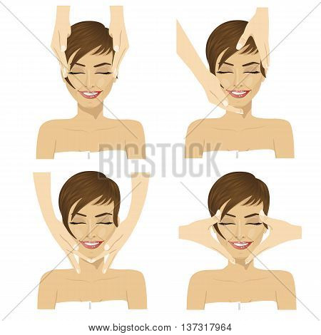 Collage of young woman in spa salon getting facial massage isolated on white background