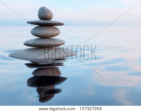 3d rendering of Zen stones in water with reflection - peace balance meditation relaxation concept