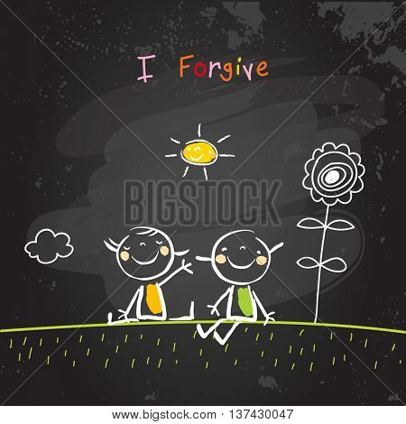 Positive affirmations for kids, motivational, inspirational concept vector illustration. I am forgiving text, typography. Chalk sketch on blackboard hand drawn doodle, scribble. 