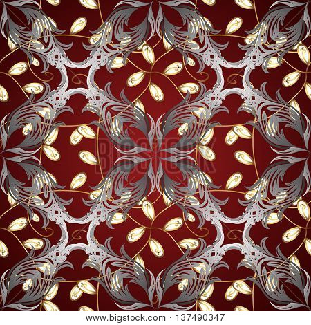 Seamless vintage pattern on red background with golden and silver elements.