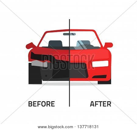 Car body frame repair vector illustration, auto body paint concept, automobile service, vehicle automotive technology help, before after, flat icon isolated crushed auto, poster design banner emblem