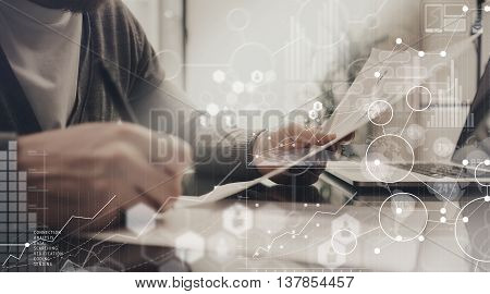 Businessman Strategy Report Process.Economy Analyst Research Social Trading.Business Team Work Startup Office.Global Marketing Virtual Icon.Innovation Graph Interface.Analyze market stock.Blurred