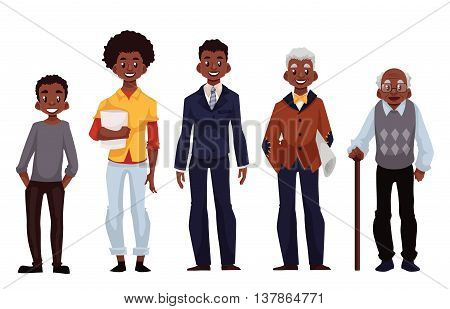 Set of black men of different ages from adolescence youth to maturity and old age, vector illustration isolated on white background. Various generations at African American man