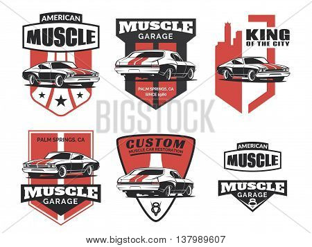 Set of classic muscle car logo emblems badges and icons isolated on white background. Service car repair restoration and car club design elements. Vector.