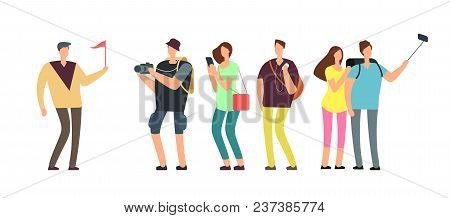 Tourists With Guide On Travel Tour. Travelling People With Family On Vacation Vector Concept. Illust