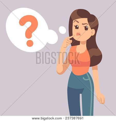 Cartoon Young Standing Woman Thinking With Question Mark In Think Bubble. Businesswoman Thinks About