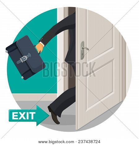 Exit Door And Businessman In Black Suit With Leather Briefcase That Leaves Premises. Open Way To Go 