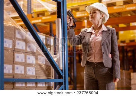 Inventory Manager. Smart Nice Woman Using A Scanner While Doing The Inventory Check