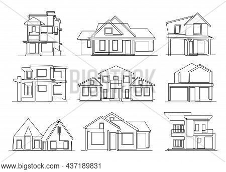 Line Houses. Continuous Line Abstract Doodle Houses Of Different Sizes And Shapes, Two And Three Sto