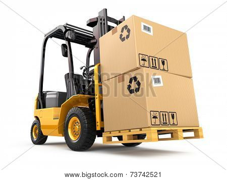 Forklift truck with boxes on pallet. Cargo. 3d