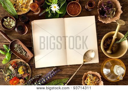 The natural medicine, herbal, medicines and old book with copy space for your text