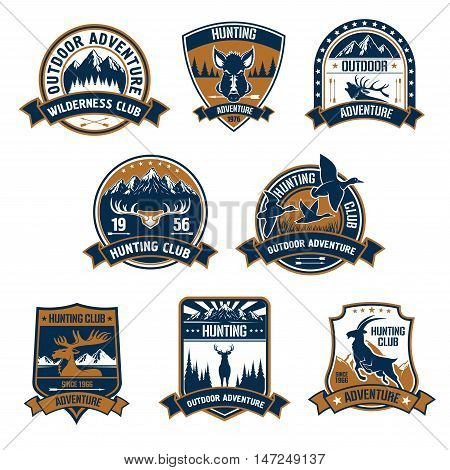 Hunting club shield icons set. Vector hunt sports emblems and labels with animals, boar, deer, duck, elk, antlers, mountain-goat, arrows, forest for hunter badge, t-shirt, outfit