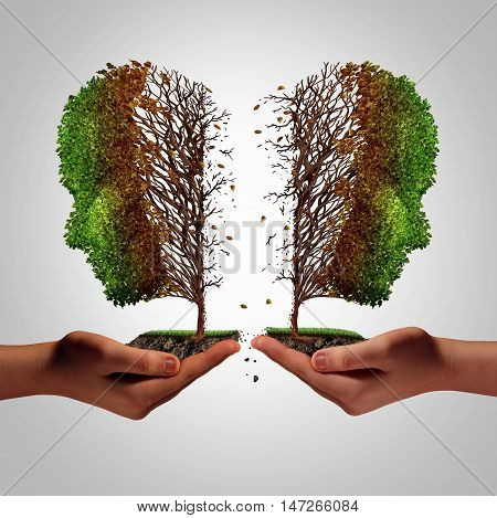 Relationship failure as a breakup concept and a damaging separation and painful divorce psychology idea as a divided sick tree shaped as two hurting people held by human hands as a metaphor for separation with 3D illustration elements.