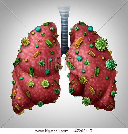 Pneumonia infection medical concept as human lungs infected by virus and bacteria as a lung disease diagnosis with 3D illustration elements.