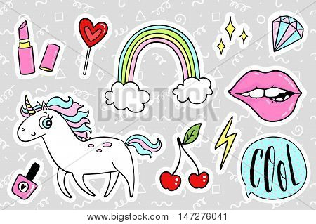 Fashion quirky cartoon doodle patch badges with cute elements. Vector illustration isolated on background. Set of stickers, pins, patches in cartoon comic style of 80s-90s. Vector collection