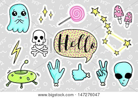 Fashion quirky cartoon doodle patch badges with cute elements. Vector illustration isolated on background. Set of stickers, pins, patches in cartoon comic style of 80s-90s. Vector collection