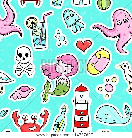 Fashion quirky cartoon doodle seamless pattern with cute elements. Vector illustration background. Abstract wallpaper in cartoon comic style of 80s-90s.