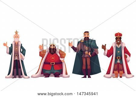 Set of different kings wearing crowns and mantles, cartoon vector illustration isolated in white background. Four kings - tall and short, slim and fat, young and old, black and white skinned