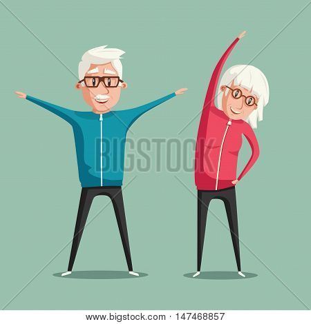 Senior people and gymnastics. Elderly couple. Grandparents doing exercises. Sport. Morning exercises. Cartoon vector illustration